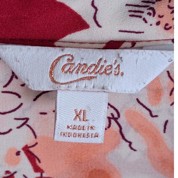 Candies Red Floral Button Up Collard Blouse With Rolled Sleeves XL - Picture 2 of 9